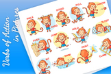 Verbs of action in pictures, cute monkey character.