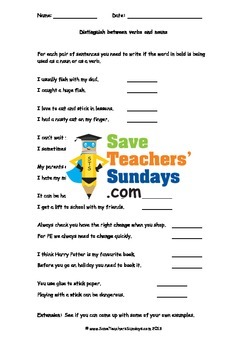 verbs or nouns worksheet by save teachers sundays tpt