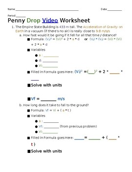 Preview of Veritasium Penny Drop worksheet