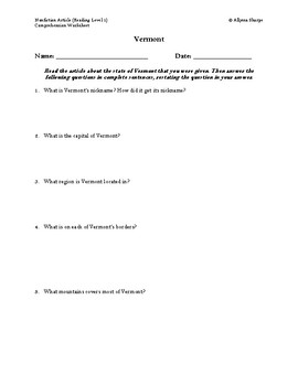 Preview of Vermont Article (Reading Level 1) Comprehension Worksheet