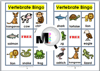 Bingo Printable Vertebrate Animals Bingo Game (Animal Classification)