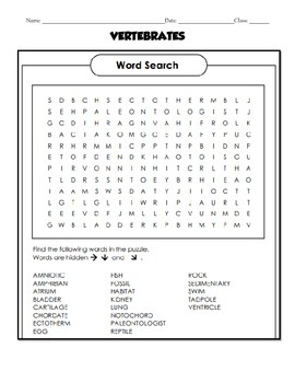 World Of Vertebrates Word Search