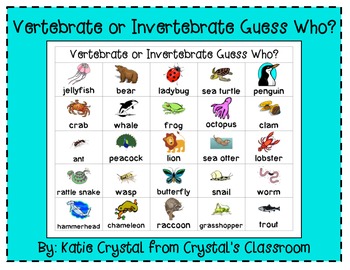 "Vertebrate or Invertebrate Guess Who?" Games Pack by Katie Crystal