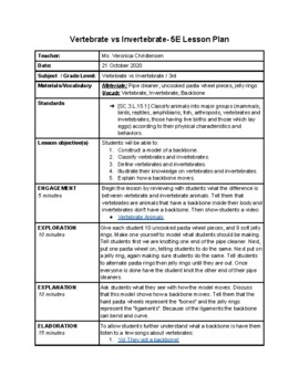 Vertebrate vs Invertebrate 5E Science Lesson Plan. by Veronica Christensen