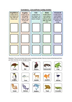Preview of Vertebrate Animals - Cut and Paste Sorting Worksheet (Printable PDF & Easel)