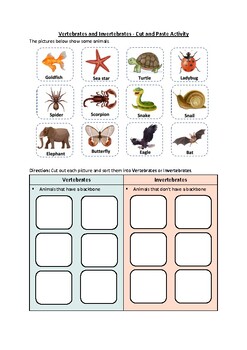 Preview of Vertebrates and Invertebrates - Cut and Paste Worksheet | Printable PDF & Easel