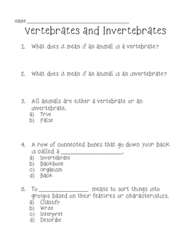 Preview of Vertebrates and Invertebrates Quiz / Activity