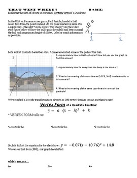 Preview of Vertex Form of Quadratic Functions Investigation