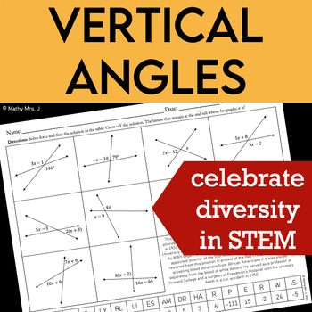Preview of Vertical Angles Equations - Black History Biography - Geometry Worksheet