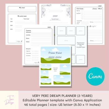 Preview of Very Peri Dream Planner: 3 Years Goal Planner Canva Template