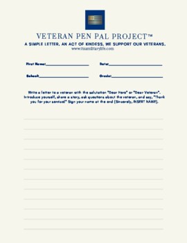 Preview of Veteran Pen Pal Project_Grades 9 through 12 Writing Template