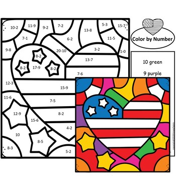 Veterans Day Color by Number Subtraction by Primary Piglets | TpT