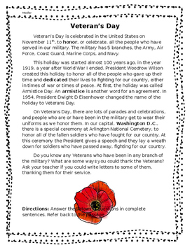 Preview of Veteran's Day Nonfiction Passage and Comprehension Questions