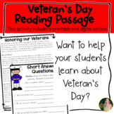 Veteran's Day Reading Passage- Printable and Digital Versions!
