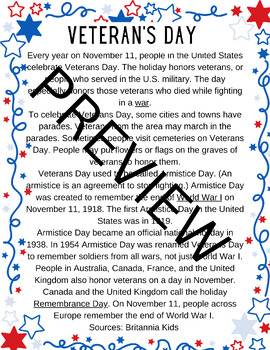 Veteran's Day Reading and Writing Activity by Bright Young Scholars in 3rd
