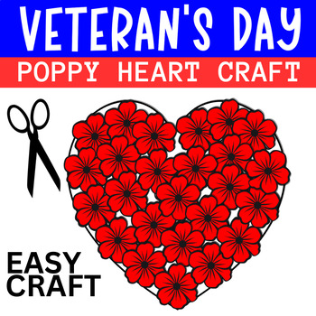 Preview of Memorial/Veteran's Day Poppy Flower Heart Craft Printable Template Kindergarten
