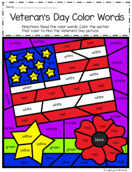 Veteran's Day Sight Words - Color Words by Lighting Little Minds