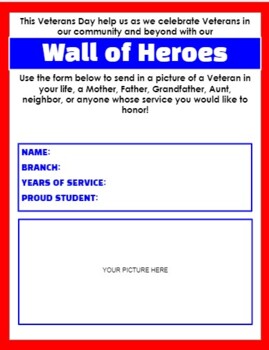 Preview of Veteran's Day Wall of Heroes Student info sheet