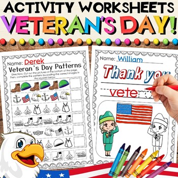 Preview of Veteran's Day Worksheet Activities - English, Writing, Math, Patterns, Coloring