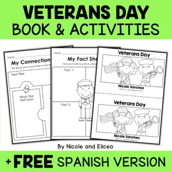 "Veterans Day Book & Activities" with three worksheets pictured below the title, plus the text "Free Spanish Version"