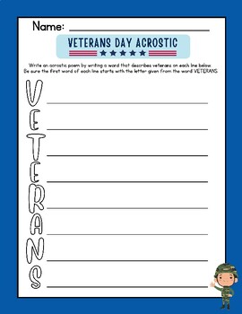Veterans Day Acrostic Poem Writing Worksheet: Letters for VETERANS FUN ...