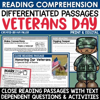 Preview of Veterans Day Activities Differentiated Close Reading Comprehension Passages