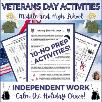 Preview of Veterans Day Activities & Puzzles Middle High School Sub Plans Independent Work