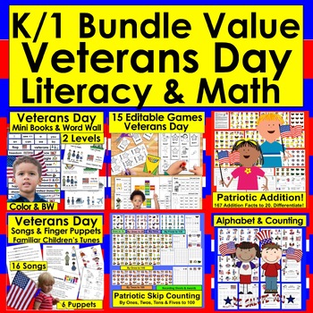 Preview of Veterans' Day Activities Math and Literacy Bundle Value Kindergarten First Grade
