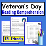 Veterans Day Activities - Reading Comprehension - ESL Friendly
