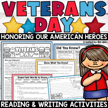 Preview of Veterans Day Activities Reading Comprehension Writing Cards 3rd 4th 5th Grade