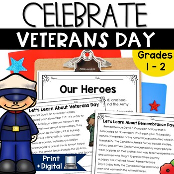 Preview of Veterans Day Activities 1st 2nd Grade Reading Remembrance Day Mini Book