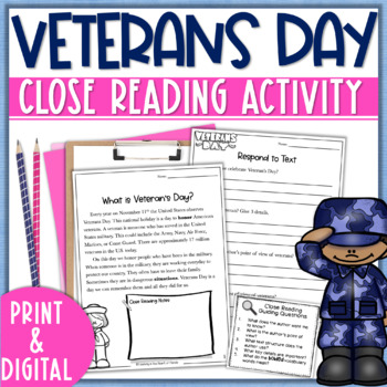 Preview of Veterans Day Activities | Veterans Day Passage, Writing, and Vocabulary