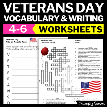 Preview of Veterans Day Worksheets Writing Activity Coloring Pages Word Search Letter Poem