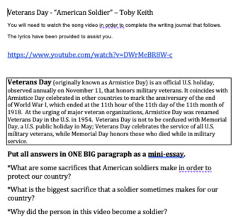 Preview of Veterans Day - "American Soldier" - song journal writing prompt