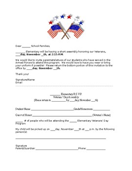 Preview of Veterans' Day Assembly Invitation to Parents