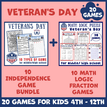 Preview of Veterans Day math puzzle worksheets icebreaker game brain breaks no low prep