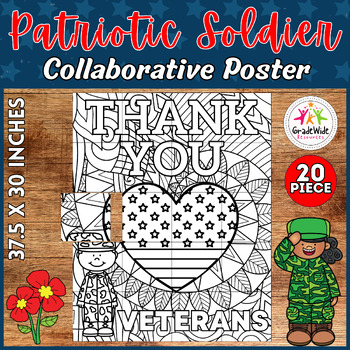 Preview of Memorial Day Collaborative Coloring Poster, Patriotic Soldier 4th of july Craft