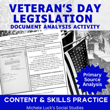 Preview of Veteran's Day Legislation Primary Source Analysis | Activities | Veterans Lesson