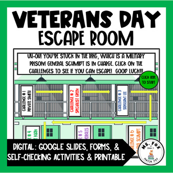 Preview of Veterans Day Escape Room Reading Comprehension Vocabulary Grammar Activities