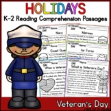 Veterans Day Holidays Reading Comprehension Passages K-2