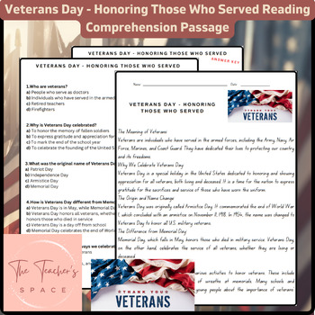 Preview of Veterans Day - Honoring Those Who Served Reading Comprehension Passage