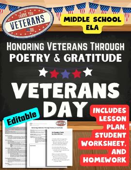 Preview of Veterans Day Honoring Veterans Poetry Gratitude Lesson Plan Worksheet HW