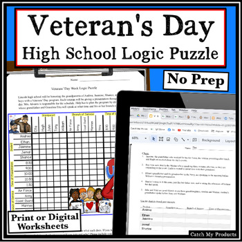 Preview of Veterans' Day Logic Puzzle or Brain Teaser for High School in Print or Digital