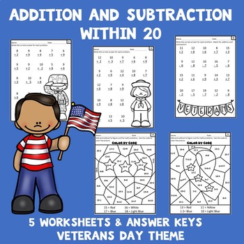 Preview of Veterans Day Math Worksheets - Addition and Subtraction Within 20