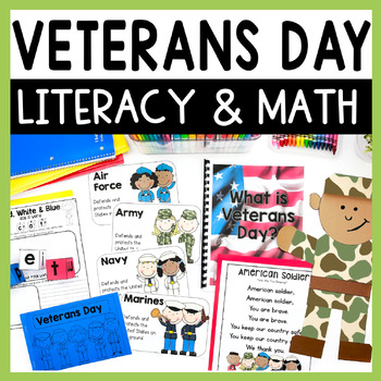 Preview of Veterans Day Math and Literacy Activities, Veteran's Day Craft and Writing