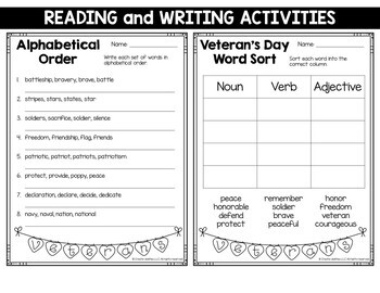 Veterans Day Reading and Writing Activities by Create-Abilities | TpT