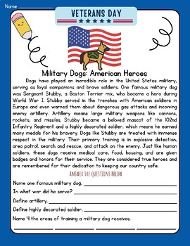 Preview of Veterans Day: Military Dogs American Heroes Sgt. Stubby History Worksheet
