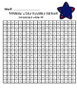 Preview of Veterans Day Mystery Picture (subtracting within 100)