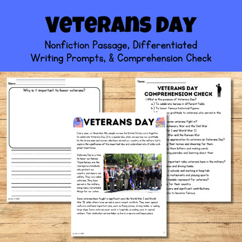Preview of Veterans Day (Nonfiction Passage, Writing Prompts, & Comprehension Check)