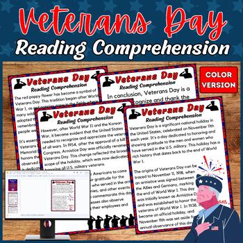 Preview of Veterans Day Nonfiction Reading Comprehension Passage and Questions, US Holidays